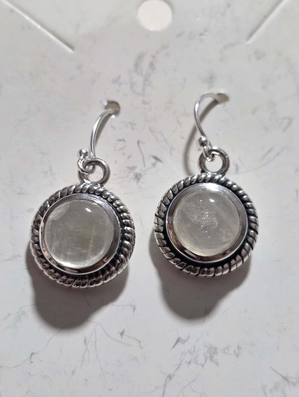 Sterling Silver Round Rainbow Moonstone Drop Earrings -